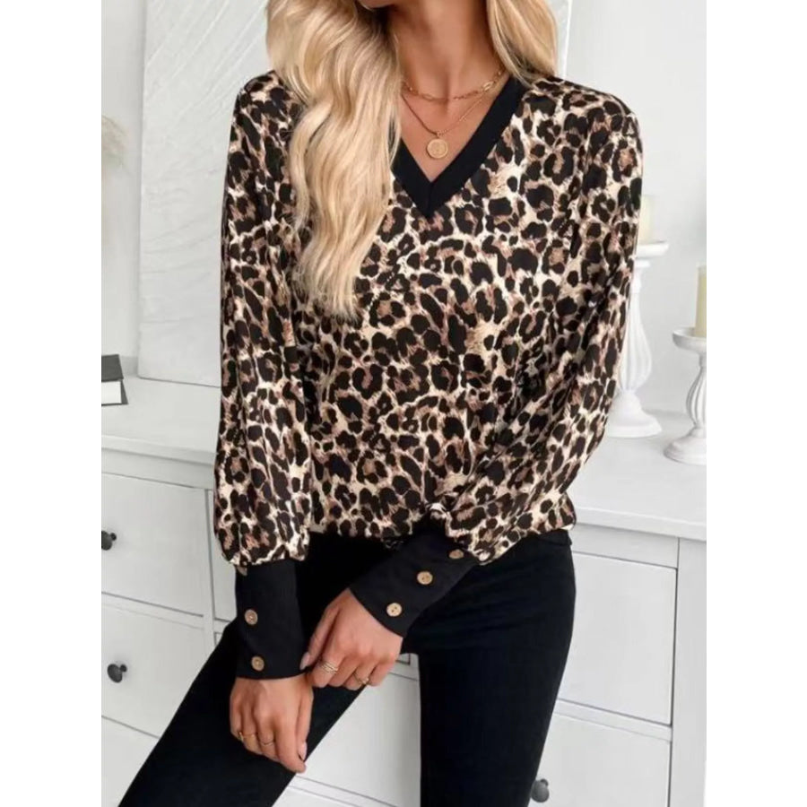Printed V-Neck Long Sleeve T-Shirt with Button Cuffs Apparel and Accessories