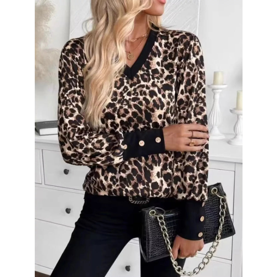 Printed V-Neck Long Sleeve T-Shirt with Button Cuffs Apparel and Accessories