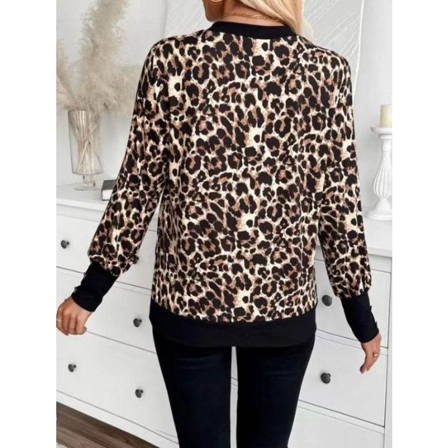 Printed V-Neck Long Sleeve T-Shirt with Button Cuffs Apparel and Accessories
