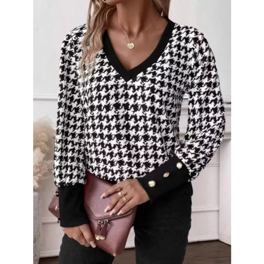 Printed V-Neck Long Sleeve T-Shirt with Button Cuffs Apparel and Accessories