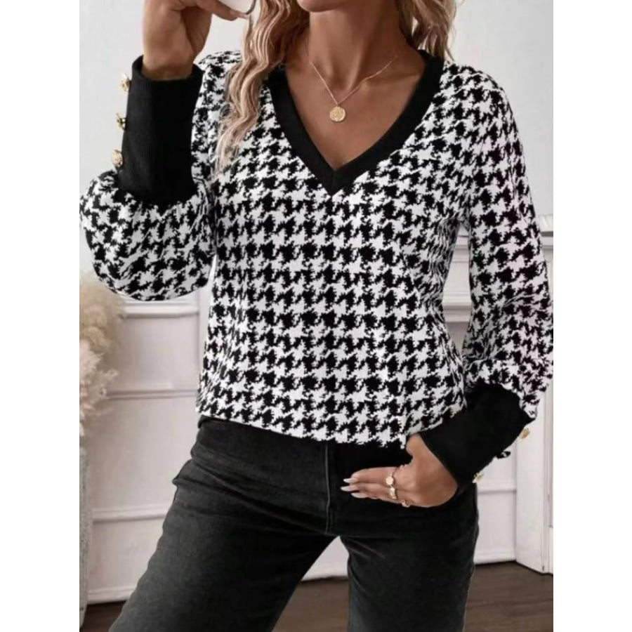 Printed V-Neck Long Sleeve T-Shirt with Button Cuffs houndstooth / S Apparel and Accessories