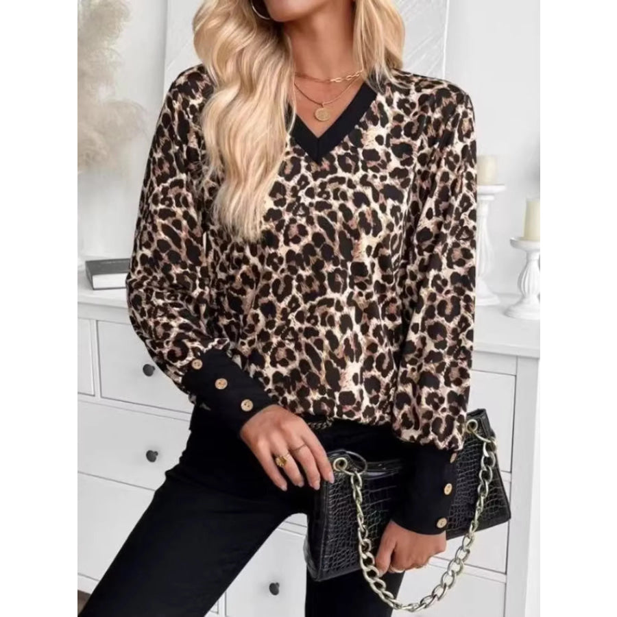 Printed V-Neck Long Sleeve T-Shirt with Button Cuffs Leopard / S Apparel and Accessories
