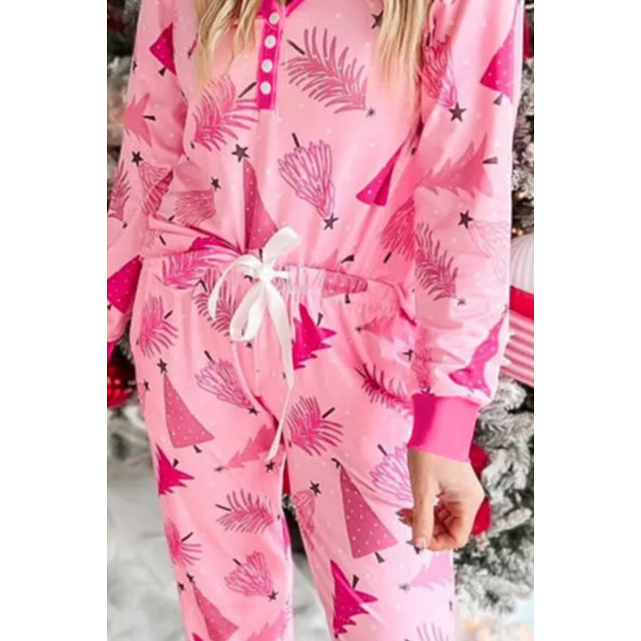 Printed V-Neck Long Sleeve Top and Pants Lounge Set Pink / S Apparel and Accessories