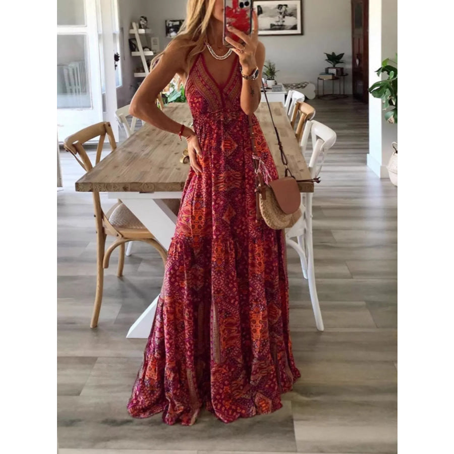 Printed V-Neck Maxi Dress Deep Red / S Apparel and Accessories