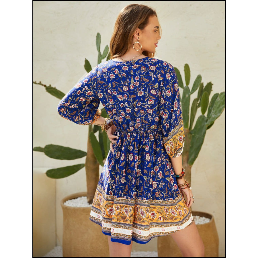 Printed V-Neck Mini Dress Indigo / S Apparel and Accessories