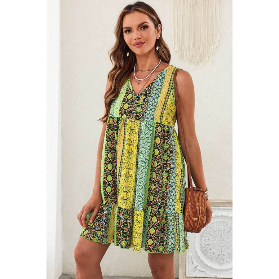 Printed V - Neck Mini Dress Apparel and Accessories