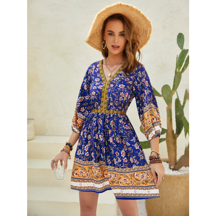 Printed V-Neck Mini Dress Apparel and Accessories