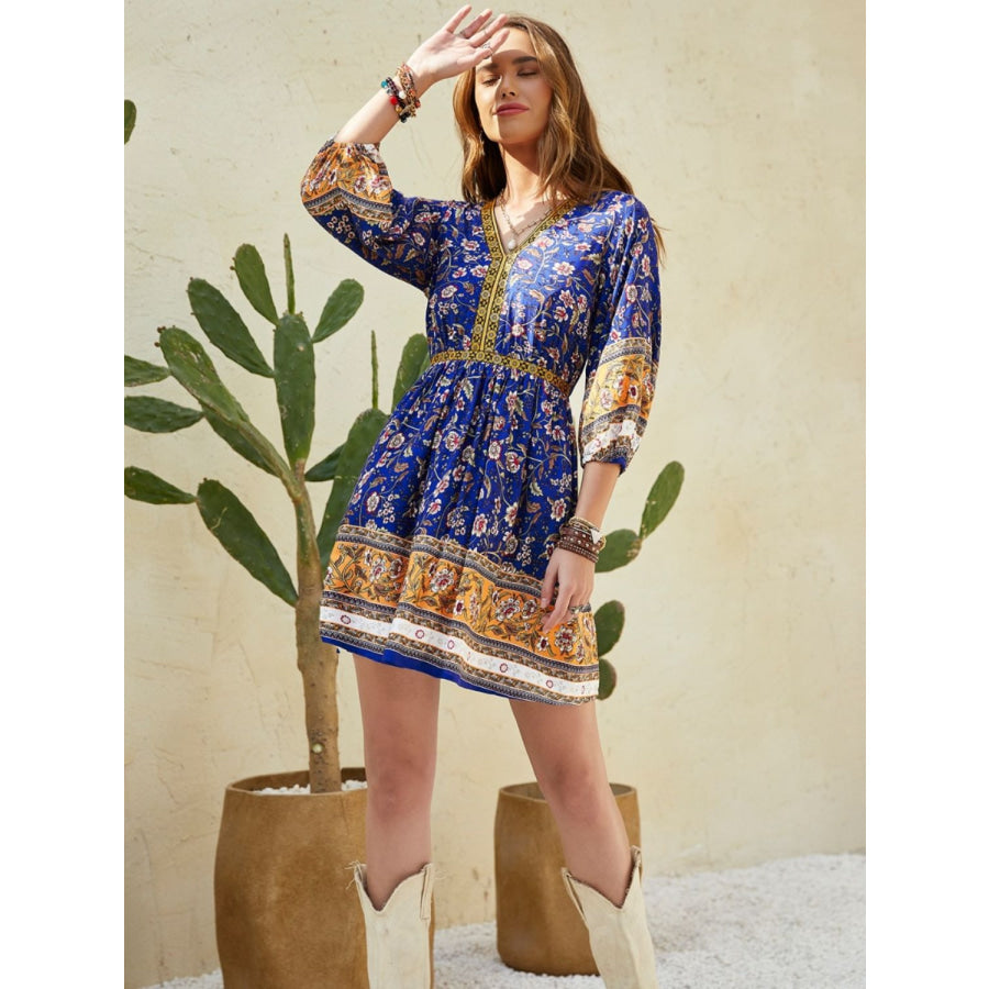 Printed V-Neck Mini Dress Indigo / S Apparel and Accessories