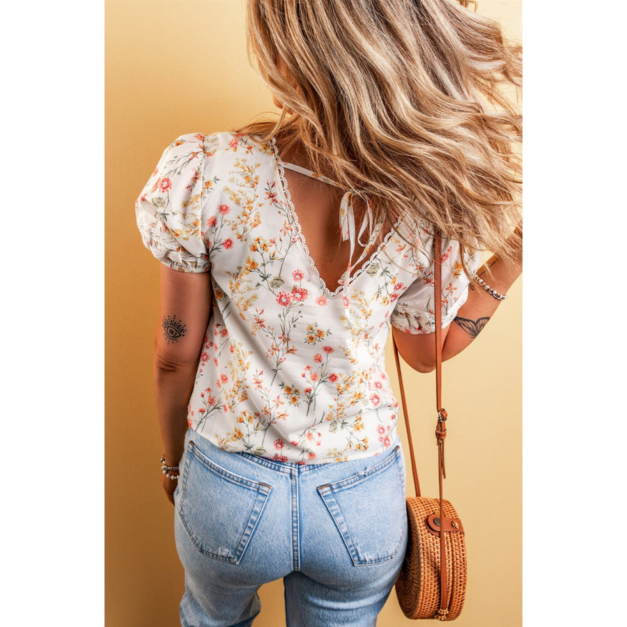 Printed V - Neck Puff Sleeve Blouse Apparel and Accessories