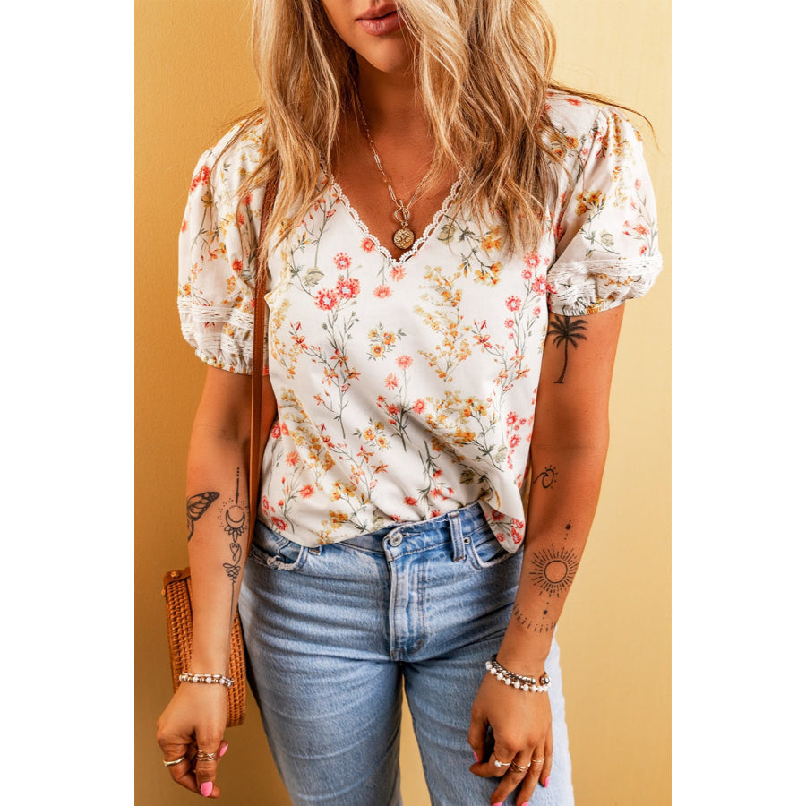 Printed V - Neck Puff Sleeve Blouse Apparel and Accessories