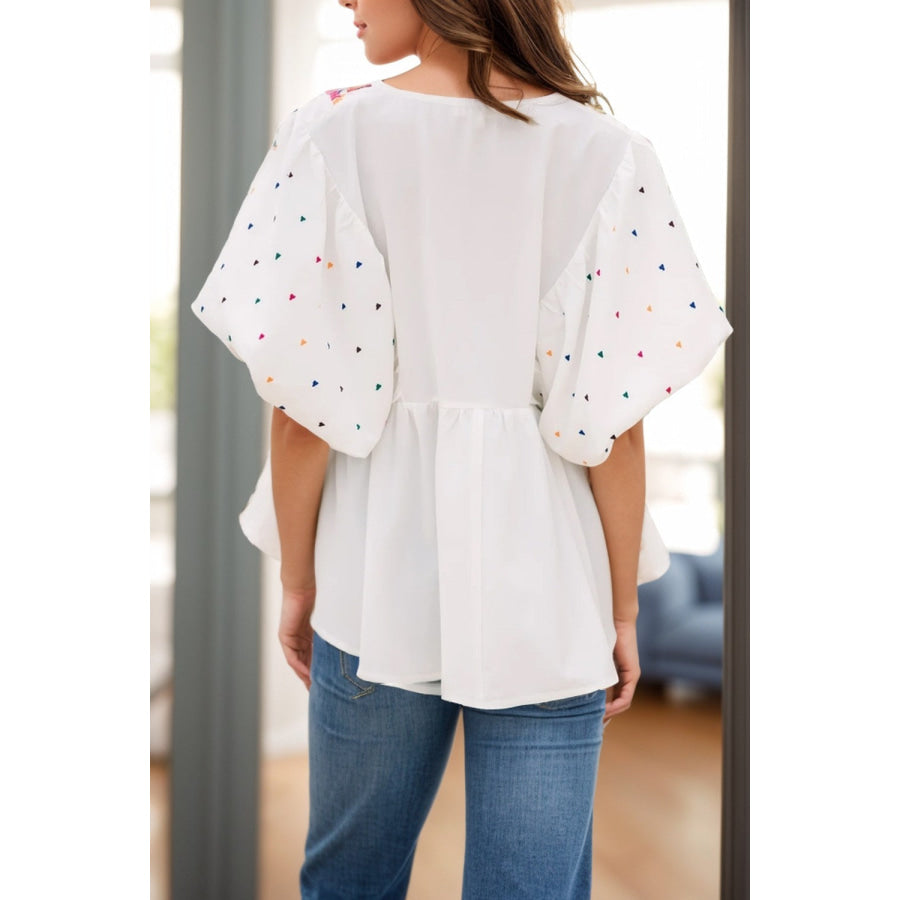 Printed V-Neck Puff Sleeve Blouse Apparel and Accessories