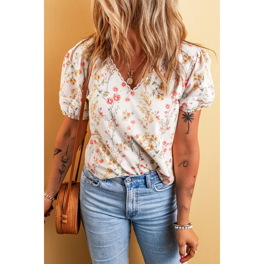 Printed V - Neck Puff Sleeve Blouse Apparel and Accessories