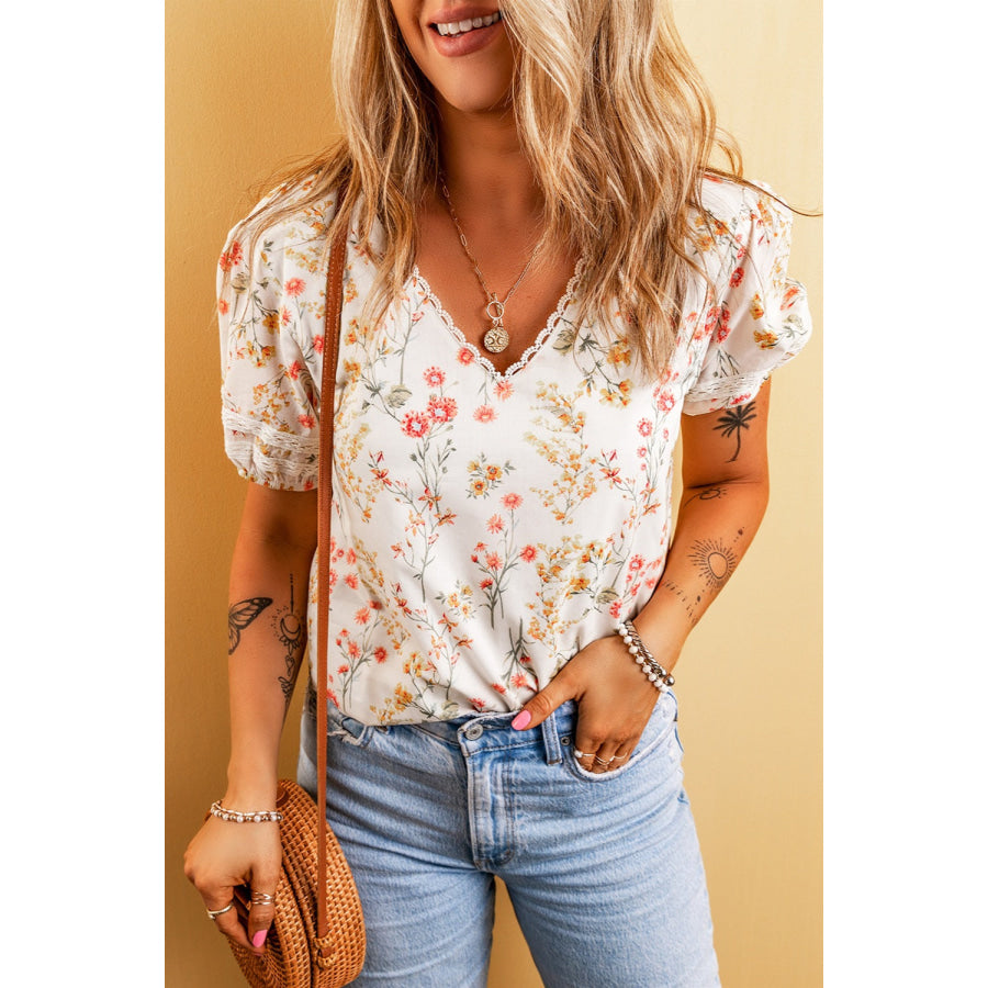 Printed V - Neck Puff Sleeve Blouse Ivory / M Apparel and Accessories