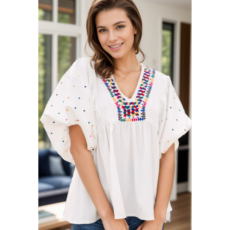 Printed V-Neck Puff Sleeve Blouse White / S Apparel and Accessories