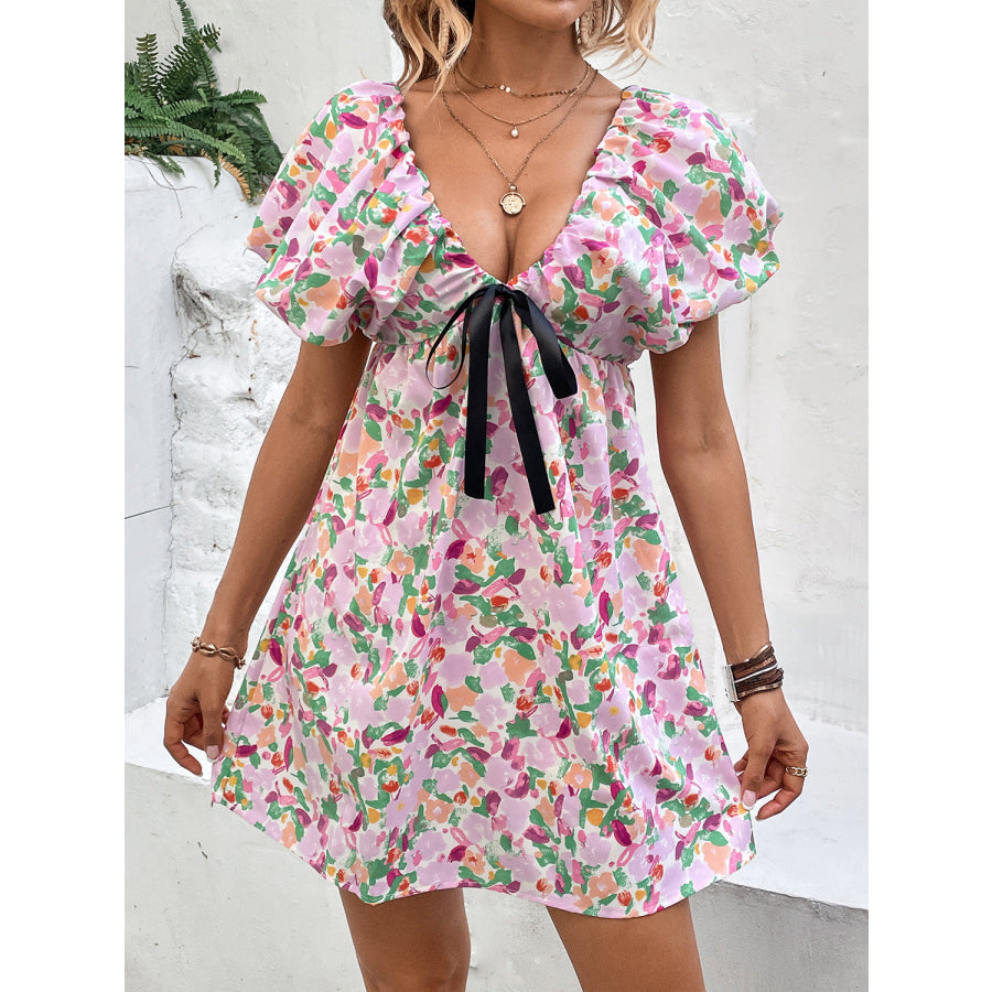 Printed V - Neck Puff Sleeve Mini Dress Apparel and Accessories