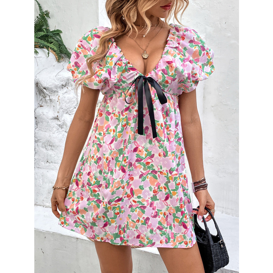 Printed V - Neck Puff Sleeve Mini Dress Apparel and Accessories