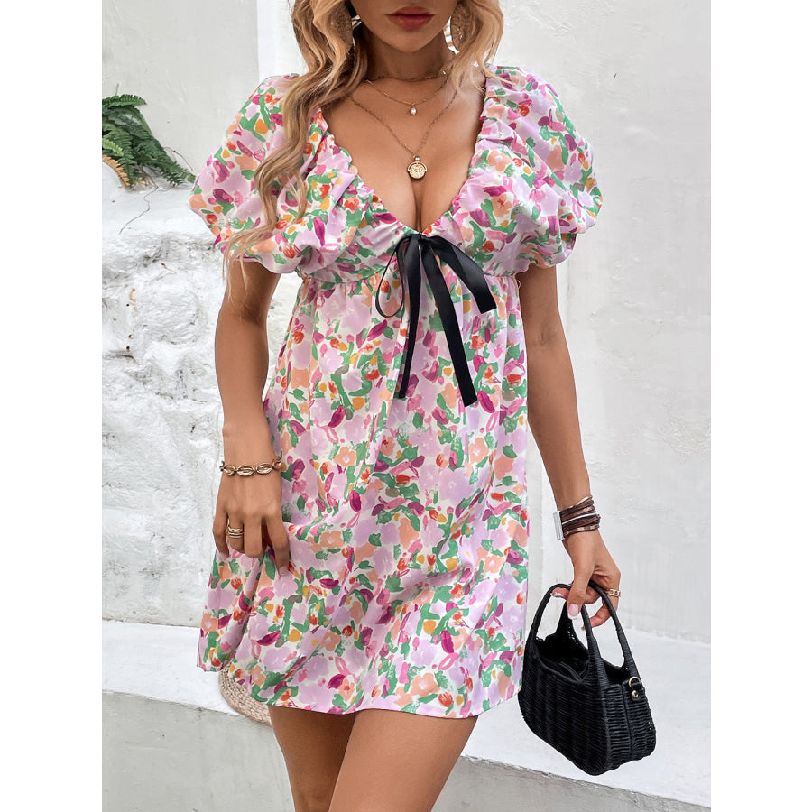 Printed V - Neck Puff Sleeve Mini Dress Carnation Pink / XS Apparel and Accessories