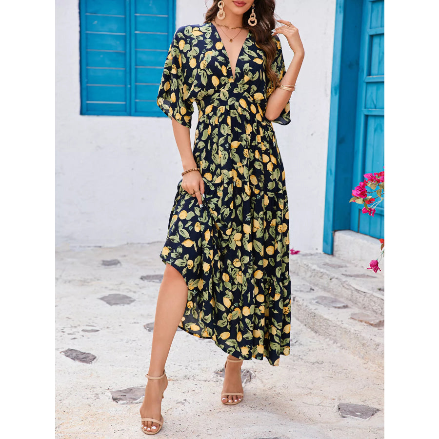 Printed V-Neck Ruffle Hem Flowy Midi Dress Apparel and Accessories