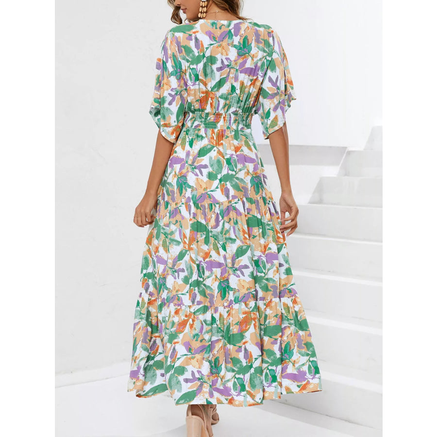 Printed V-Neck Ruffle Hem Flowy Midi Dress Apparel and Accessories