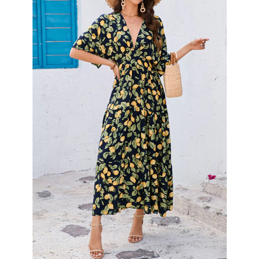 Printed V-Neck Ruffle Hem Flowy Midi Dress Apparel and Accessories