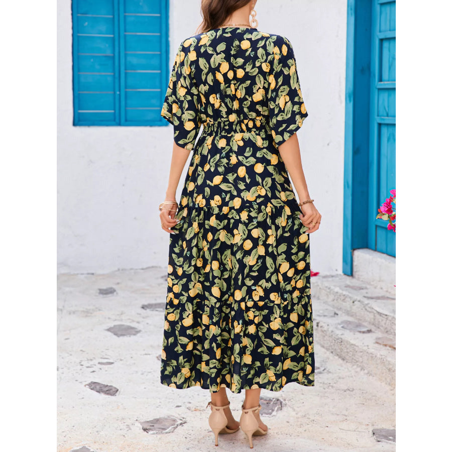 Printed V-Neck Ruffle Hem Flowy Midi Dress Apparel and Accessories