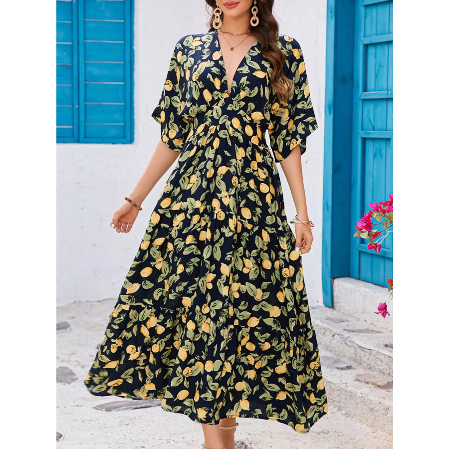 Printed V-Neck Ruffle Hem Flowy Midi Dress Black Forest / S Apparel and Accessories