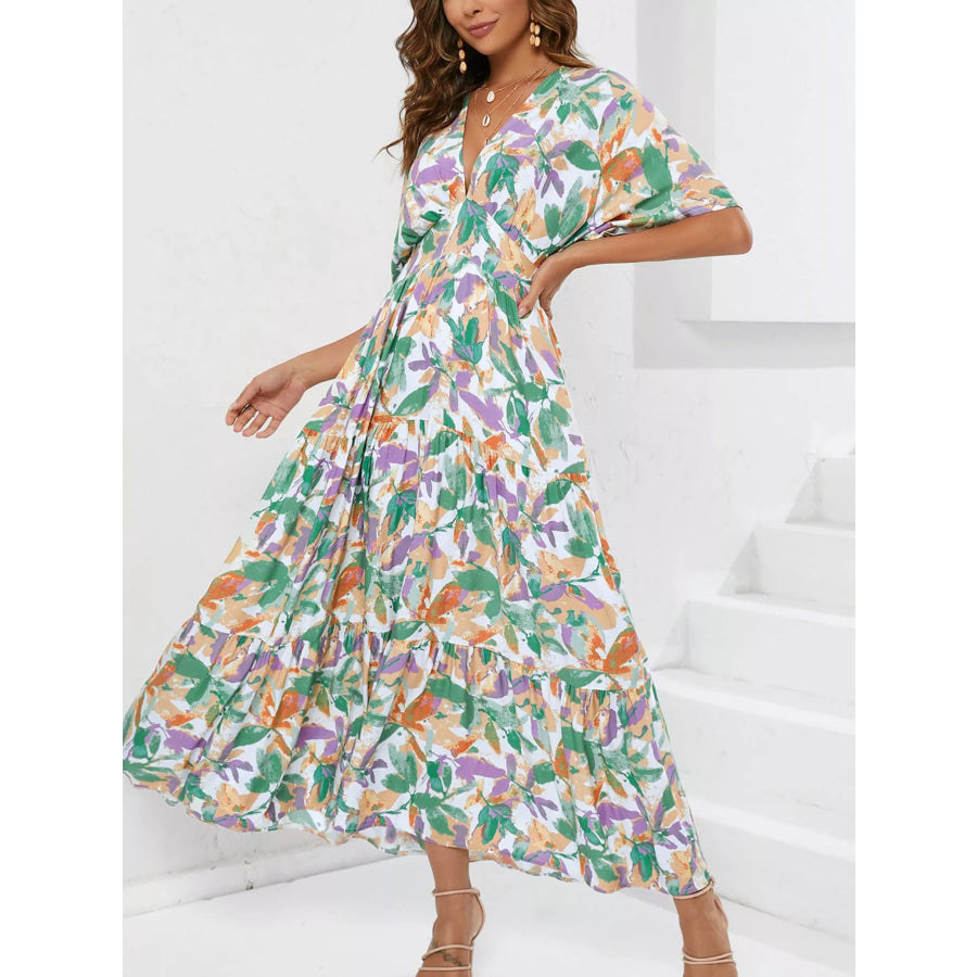 Printed V-Neck Ruffle Hem Flowy Midi Dress Gum Leaf / S Apparel and Accessories