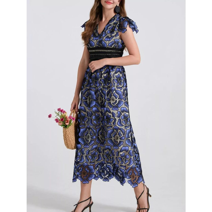 Printed V-Neck Ruffle Sleeve Midi Dress Apparel and Accessories