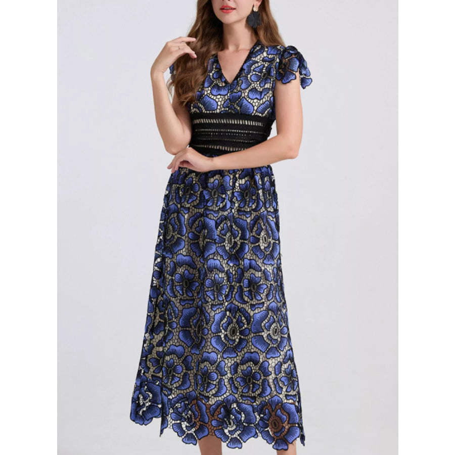 Printed V-Neck Ruffle Sleeve Midi Dress Apparel and Accessories