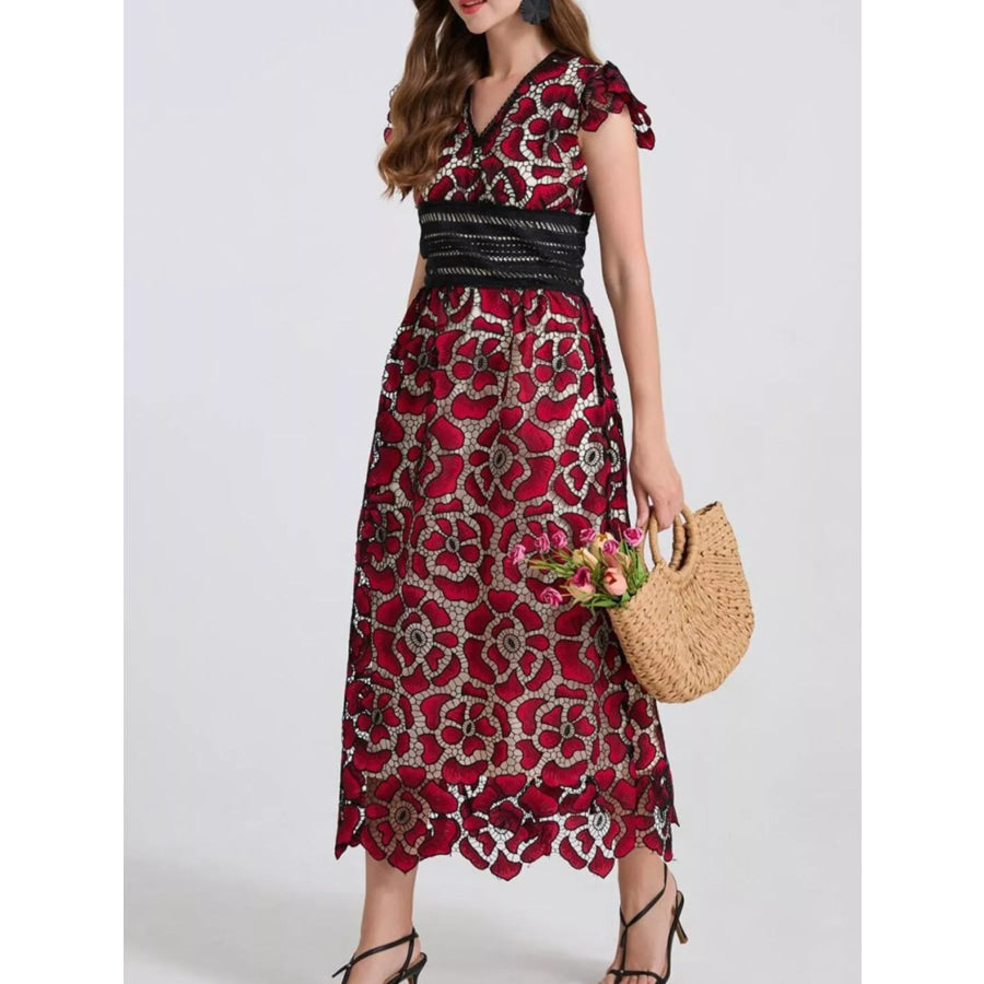 Printed V-Neck Ruffle Sleeve Midi Dress Apparel and Accessories