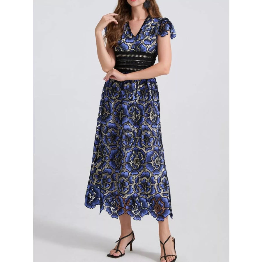 Printed V-Neck Ruffle Sleeve Midi Dress Blue / S Apparel and Accessories