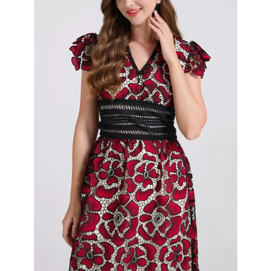 Printed V-Neck Ruffle Sleeve Midi Dress Burgundy / S Apparel and Accessories