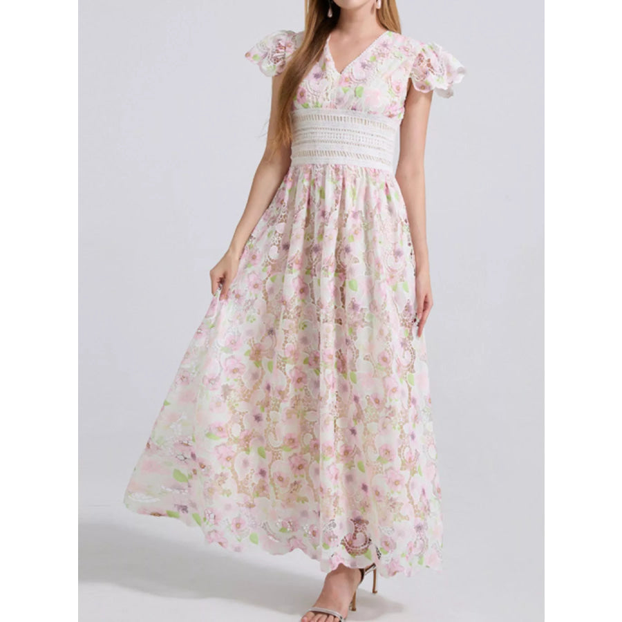 Printed V-Neck Ruffle Sleeve Midi Dress Pink / S Apparel and Accessories