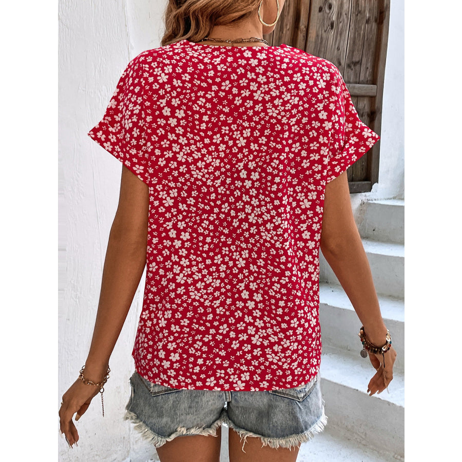 Printed V-Neck Short Sleeve Blouse Apparel and Accessories