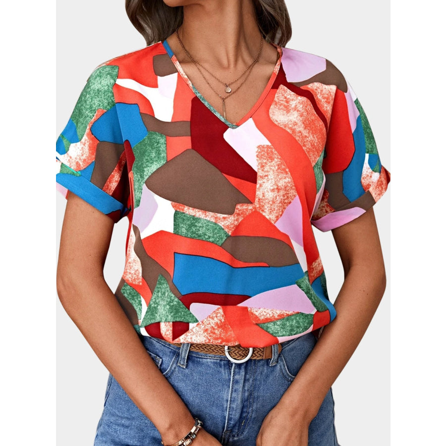 Printed V - Neck Short Sleeve Blouse Apparel and Accessories