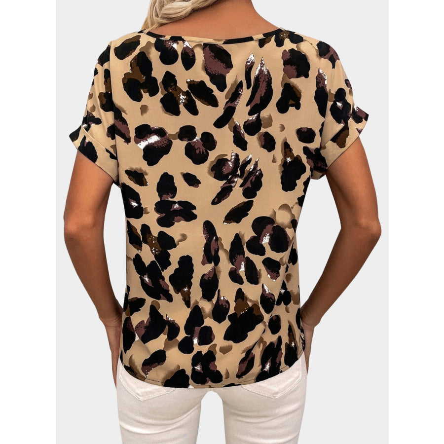 Printed V - Neck Short Sleeve Blouse Apparel and Accessories