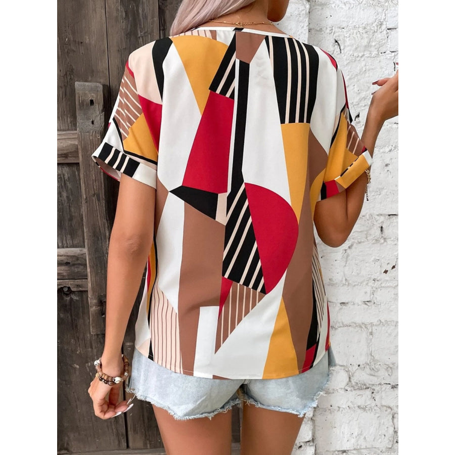 Printed V - Neck Short Sleeve Blouse Apparel and Accessories