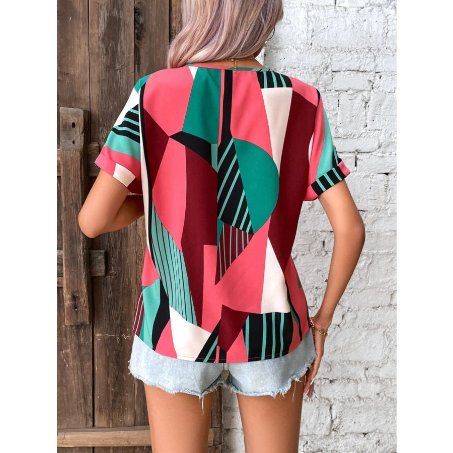 Printed V - Neck Short Sleeve Blouse Apparel and Accessories