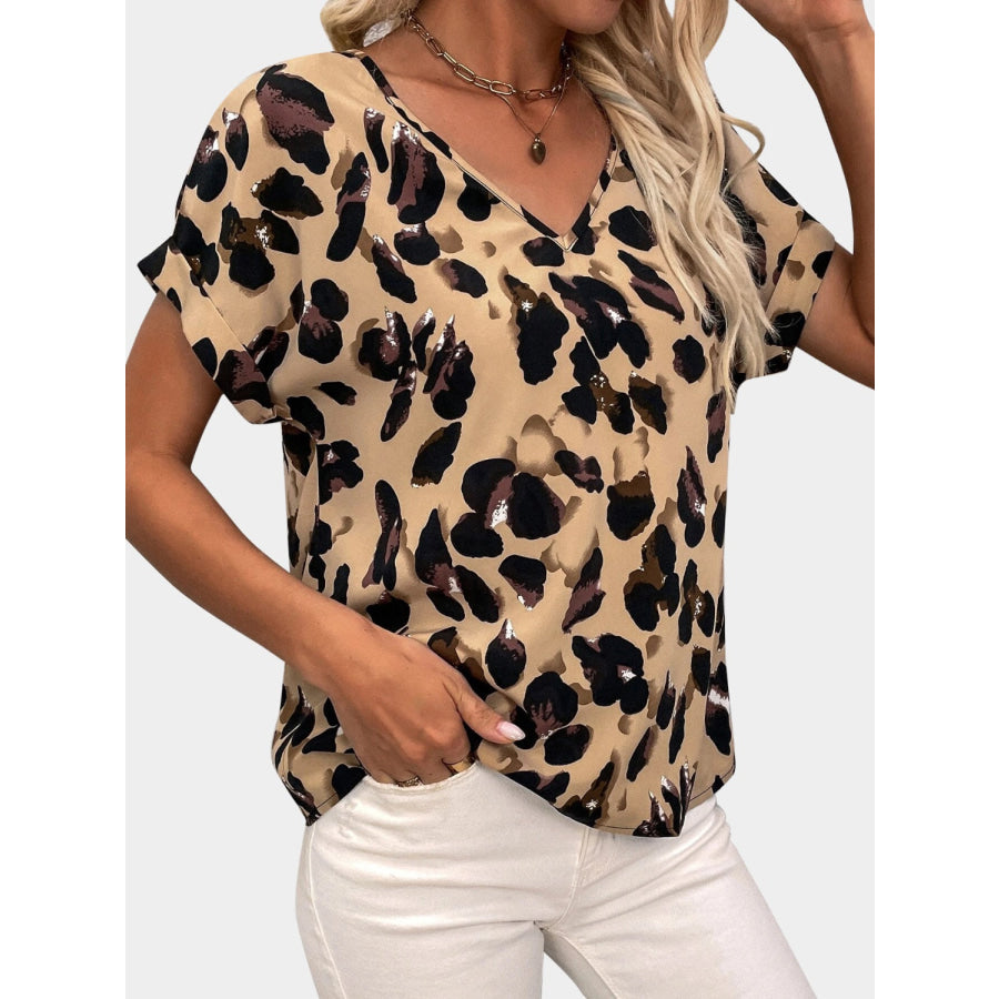 Printed V - Neck Short Sleeve Blouse Apparel and Accessories