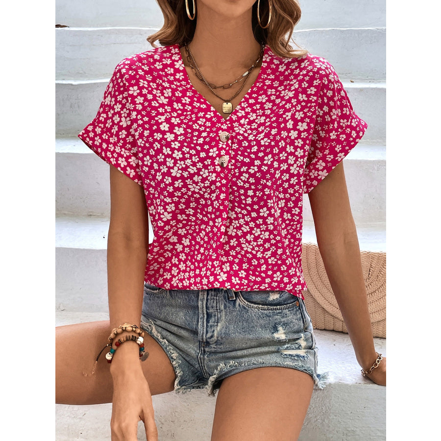 Printed V-Neck Short Sleeve Blouse Apparel and Accessories