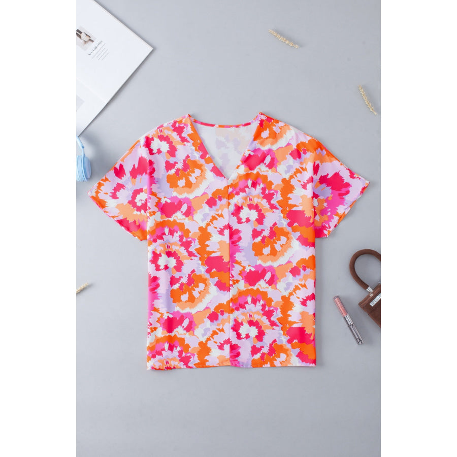 Printed V-Neck Short Sleeve Blouse Apparel and Accessories