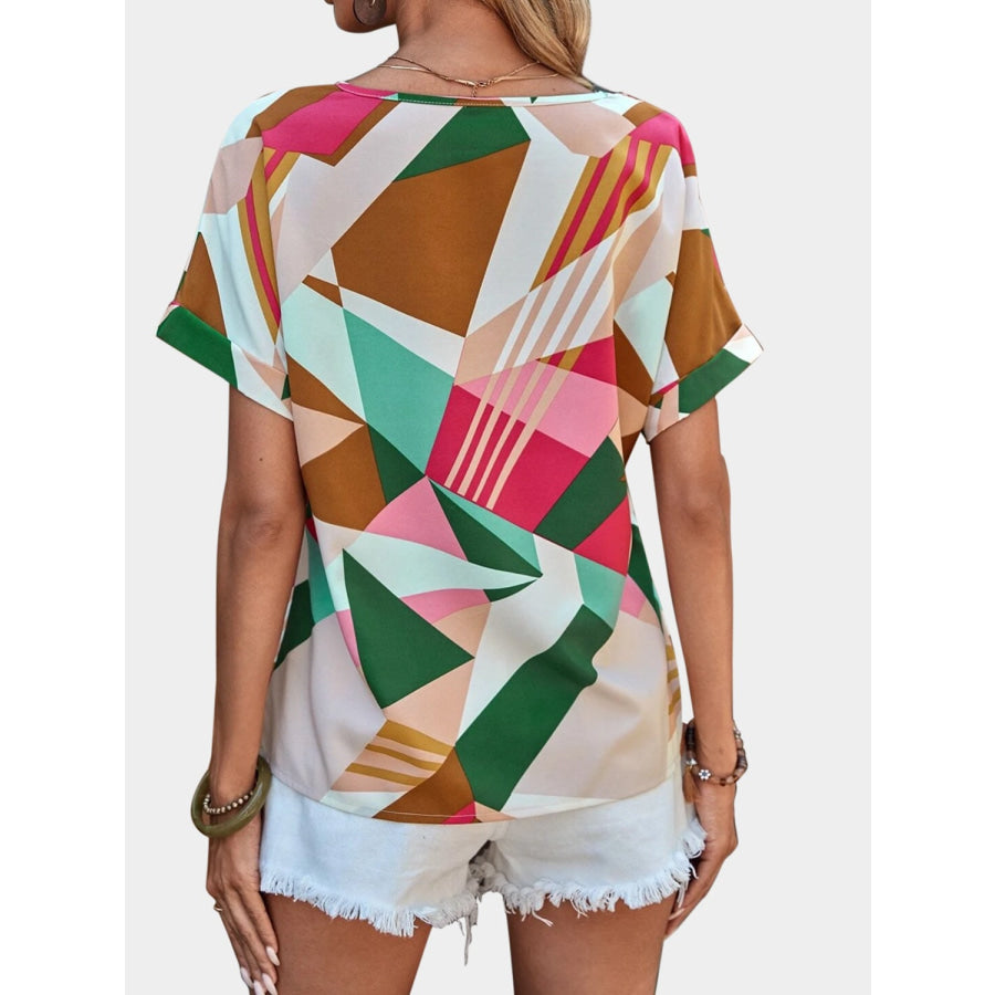 Printed V - Neck Short Sleeve Blouse Apparel and Accessories