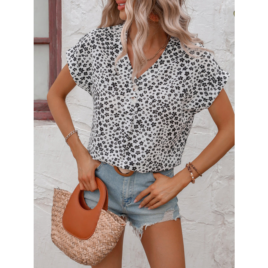 Printed V-Neck Short Sleeve Blouse Apparel and Accessories