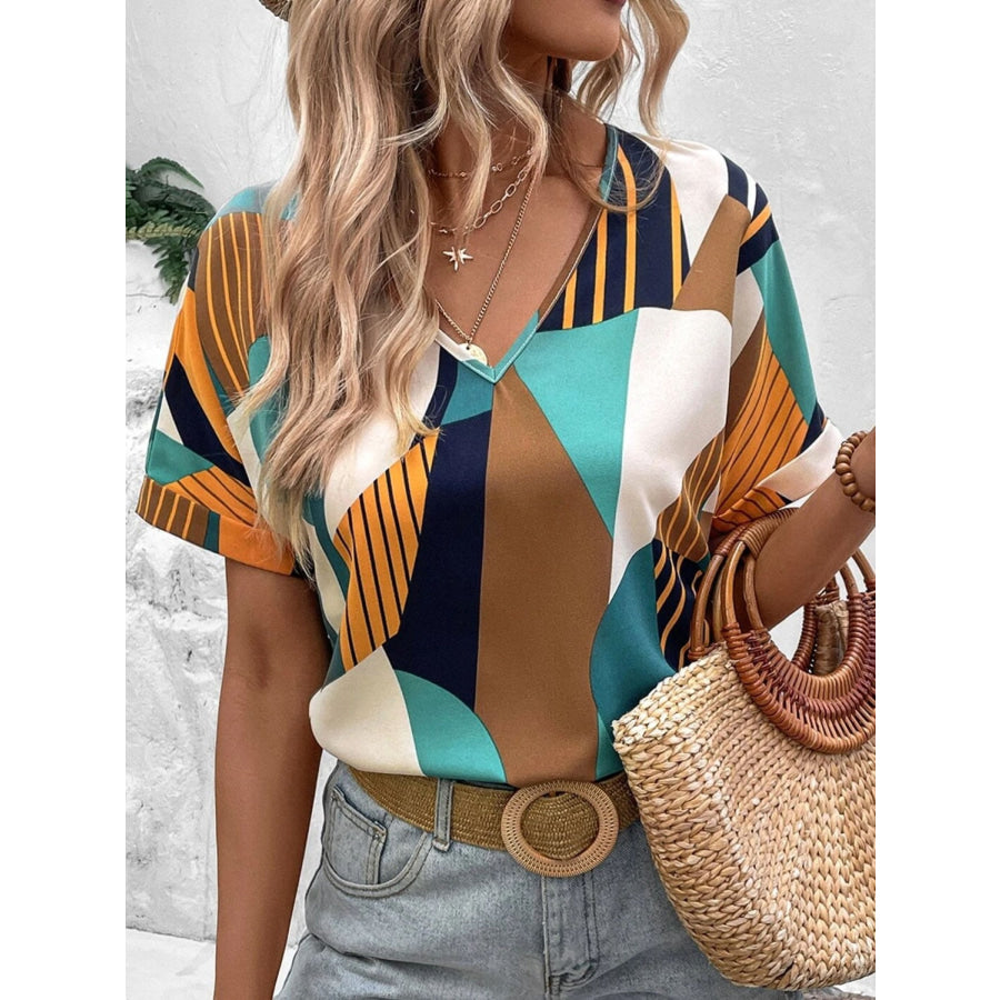 Printed V - Neck Short Sleeve Blouse Apparel and Accessories