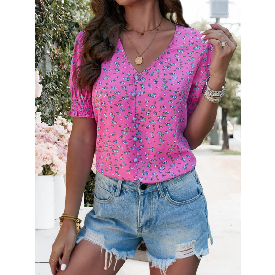 Printed V-Neck Short Sleeve Blouse Apparel and Accessories