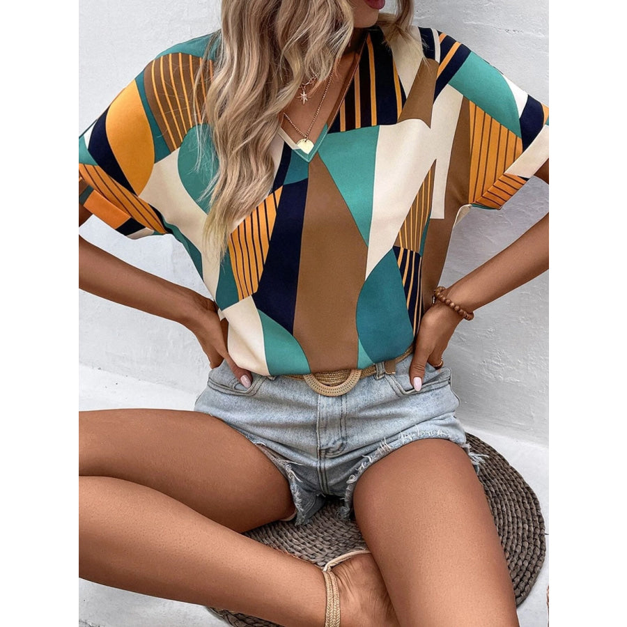 Printed V - Neck Short Sleeve Blouse Apparel and Accessories