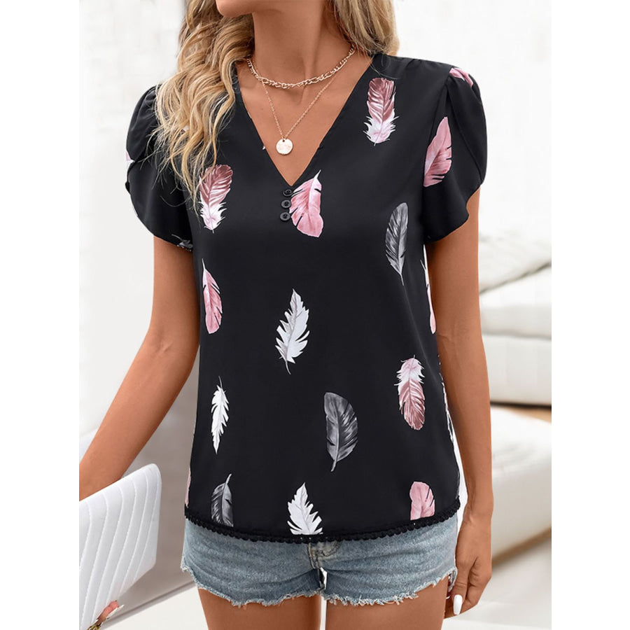 Printed V-Neck Short Sleeve Blouse Apparel and Accessories