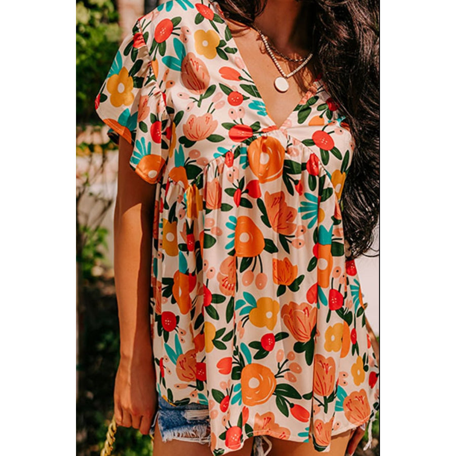 Printed V - Neck Short Sleeve Blouse Apparel and Accessories