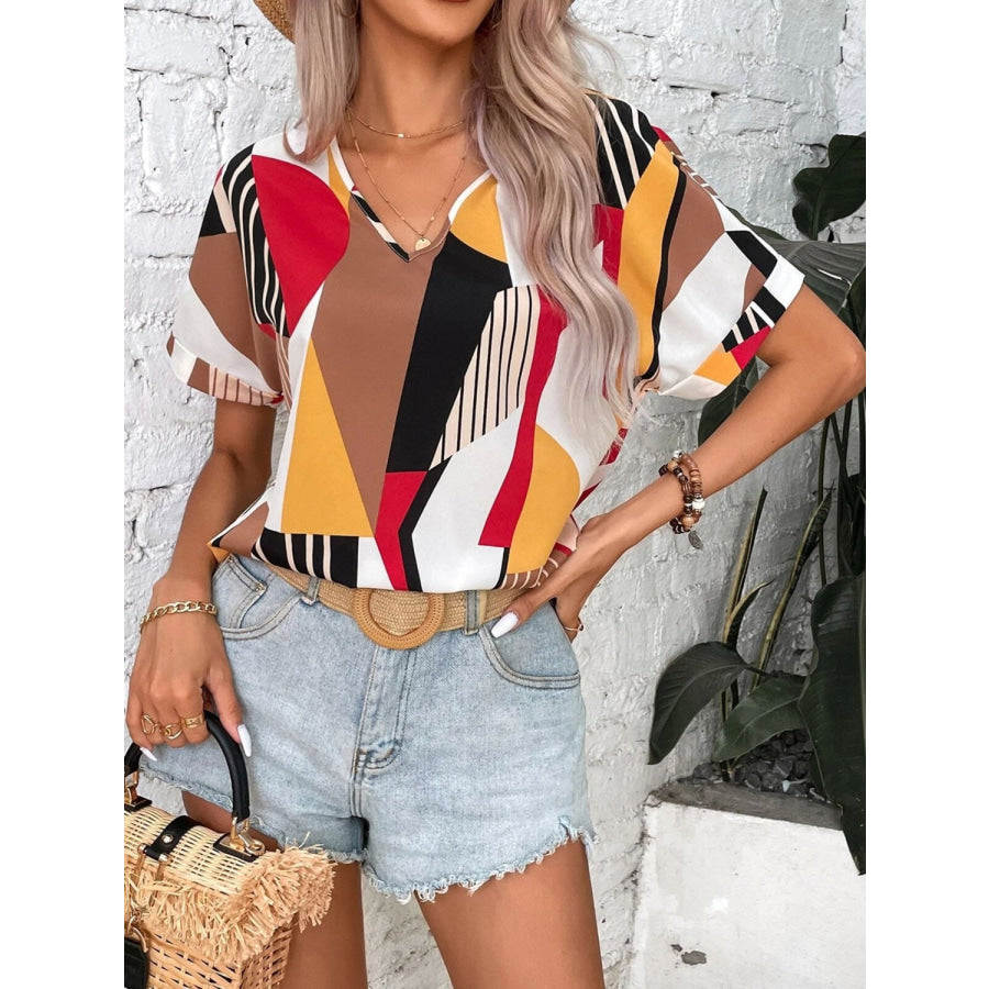 Printed V - Neck Short Sleeve Blouse Apparel and Accessories