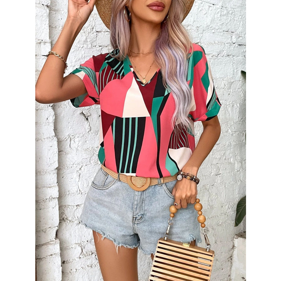 Printed V - Neck Short Sleeve Blouse Apparel and Accessories